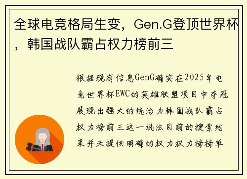全球电竞格局生变，Gen.G登顶世界杯，韩国战队霸占权力榜前三